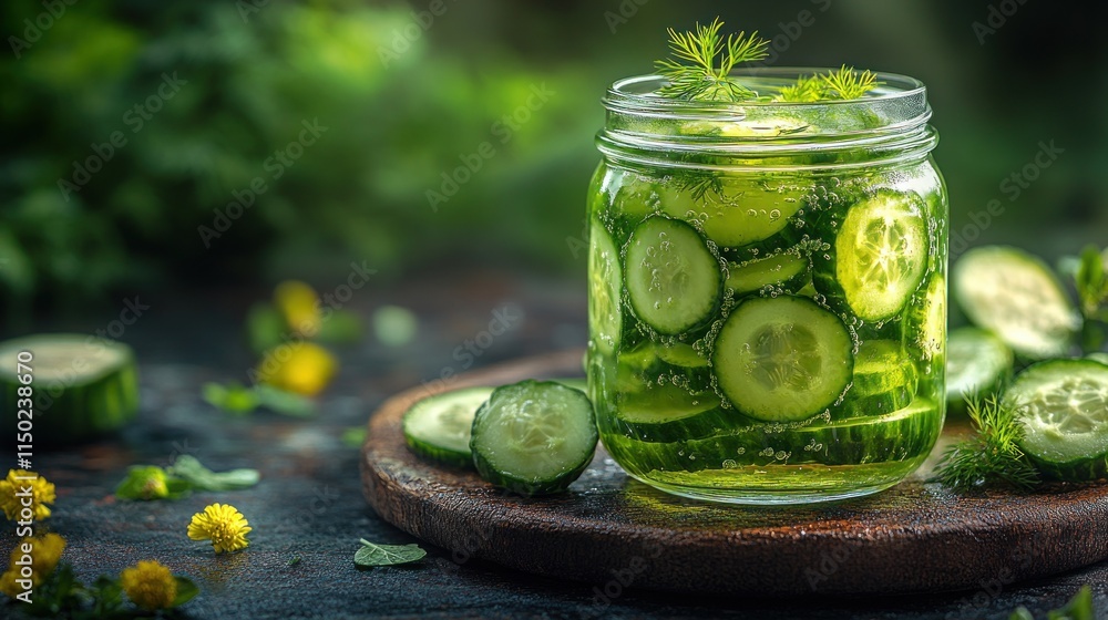 Poster cucumber water in a glass jar with sliced cucumbers and dill.