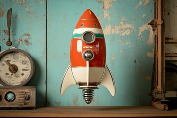 Retro rocket model mounted on wall shelf in vintage style room with wooden elements and old clock