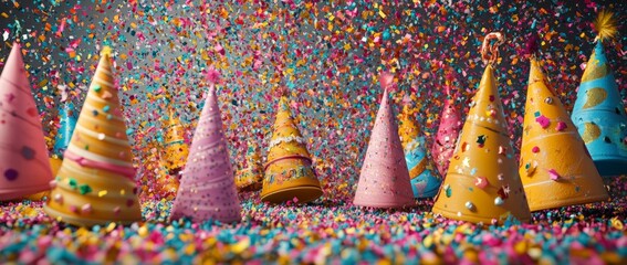 Enchanting birthday backdrop with colorful confetti and party hats falling through the air, exuding joyous celebration and vibrant energy.