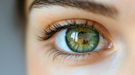 Obraz premium Close Up Human Eye Reflecting Digital World Map Symbolizing Global Data Connectivity Concept
