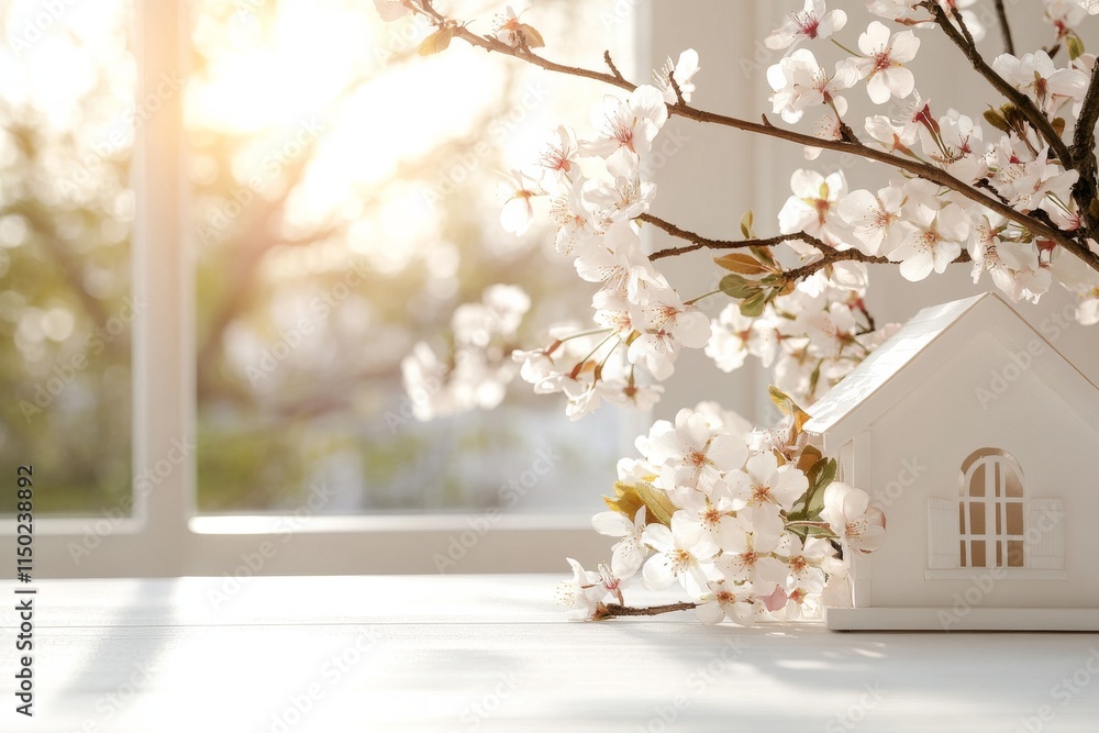 Poster Spring blossoms adorn a serene home setting with soft sunlight streaming through a window