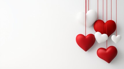 Hanging Hearts Valentine's Day Greeting - Red and white hearts hanging against a white background. Symbolizing love, romance, affection, Valentine's Day, and celebration.