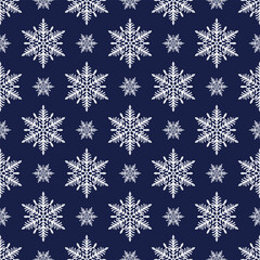 Snowflakes seamless pattern, detailed hand drawn vector line illustration. Graphic outline doodle drawing. Christmas and New Year background for frosty winter design, gift wrapping, packaging, textile