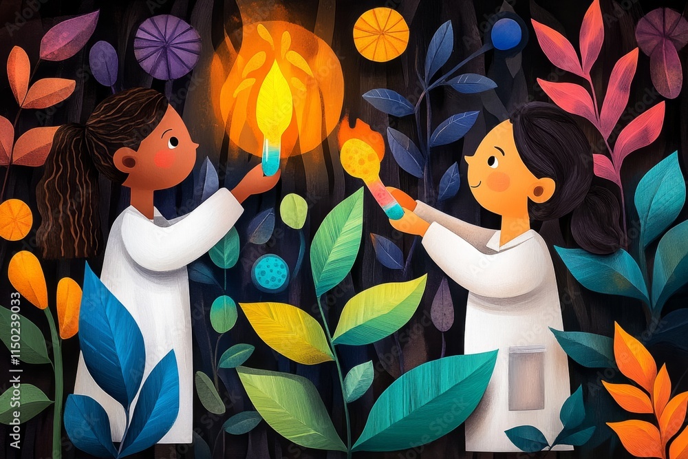 Poster a whimsical watercolor of scientists working in a gmo lab, surrounded by glowing test tubes and colo