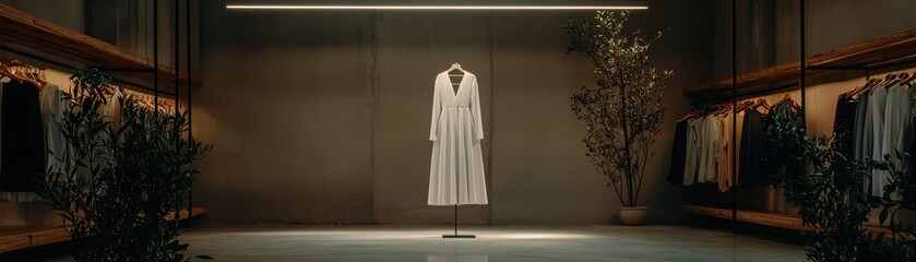 Naklejka premium Trendy clothing display in modern interior with plants.