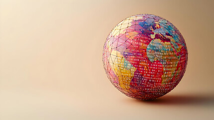 Obraz premium 3D Globe Interconnected Binary Code on Plain Background - Digital Global Data Network Concept