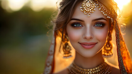 Fototapeta premium Close-Up Portrait Woman Traditional Chinese Makeup Futuristic Accessories Copy Space Right