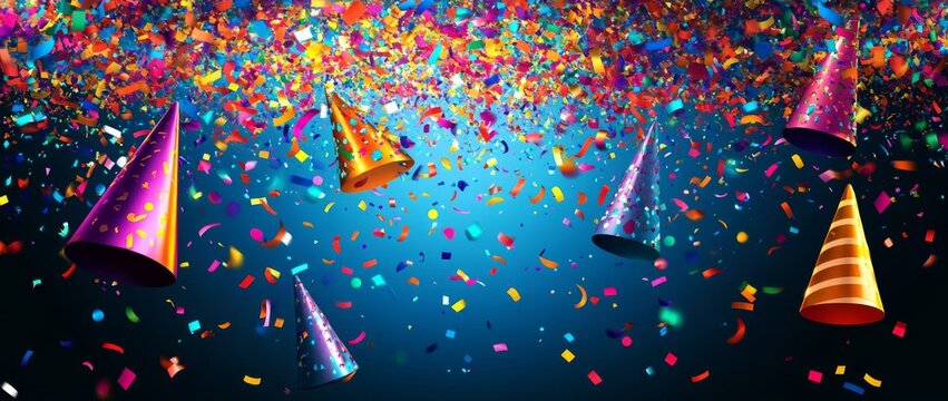 Enchanting birthday backdrop with colorful confetti and party hats falling through the air, exuding joyous celebration and vibrant energy.