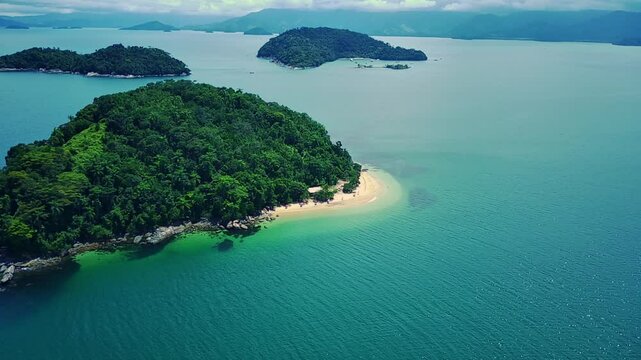 Aerial view of Paraty bay with various islands in the background. Seascape. Paradise beach. Beach on the summer.