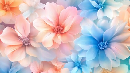 Beautiful Floral Background with Large Pastel-Colored Flowers in Pink, Blue, and Orange: Soft and Dreamy Glowing Petals