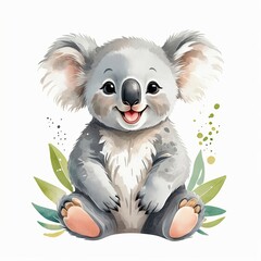 Obraz premium Adorable baby koala sitting amongst lush green leaves. Watercolor style illustration, perfect for children's books or nursery decor.