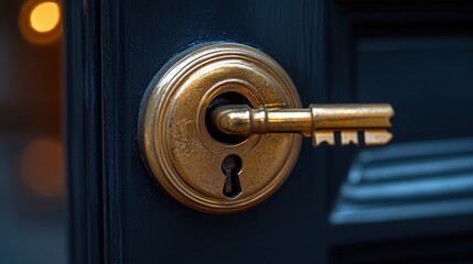 Obraz premium Golden key in antique door lock.