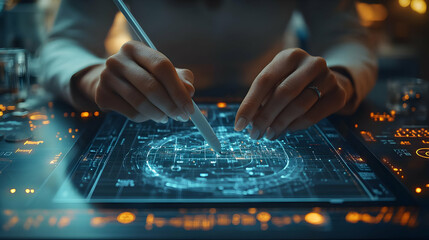 Macro Shot Hands Holding Stylus Over Digital Map Concept Collaborating Technology for Planning and Creativity