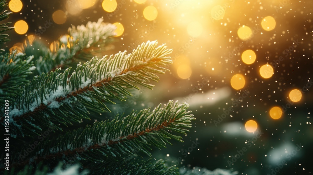 Poster snowy pine branch with bokeh lights.
