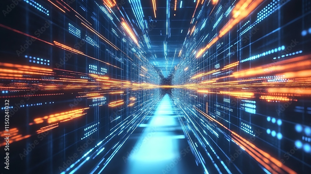 Poster Abstract digital data stream futuristic neon tunnel concept with blue and orange lights : Generative AI