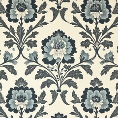 Fototapeta premium Vintage Floral Wallpaper with Detailed Blue and Cream Peonies