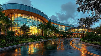 Modern Illuminated Building Reflecting In Wet Pavement