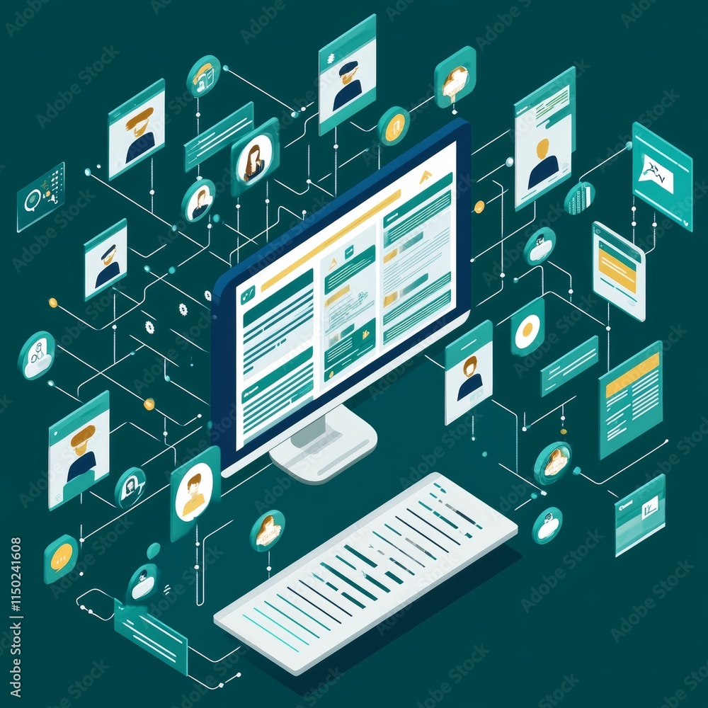 Poster Digital Workspace Featuring a Computer Screen Displaying User Profiles Connected Through a Network of Icons and Data Representations in a Modern Design
