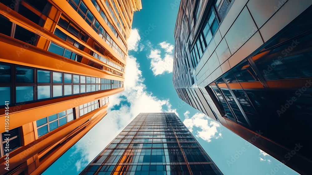 Aufkleber upward view of tall skyscrapers against blue sky and white clouds modern architecture : generative a