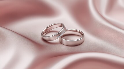 Elegant Platinum Wedding Rings on Soft Pink Satin Fabric with Romantic Lighting : Generative AI