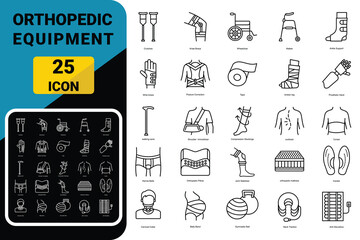 Orthopedic Equipment icon set. Crutches, Knee Brace, Ankle Support, Back Brace, Orthopedic Boot, and Mobility Aid.