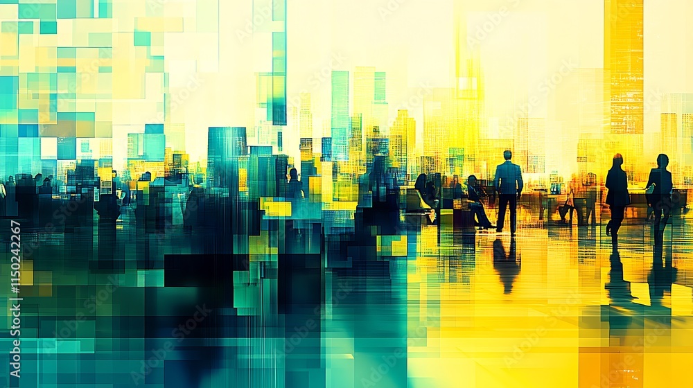 Poster abstract urban cityscape with pixelated design and silhouette people in motion : generative ai