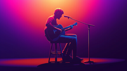 Solo Acoustic Performance: A silhouette of a musician playing guitar on stage, bathed in vibrant red and blue lighting, captures the raw emotion and intimacy of a solo performance.  