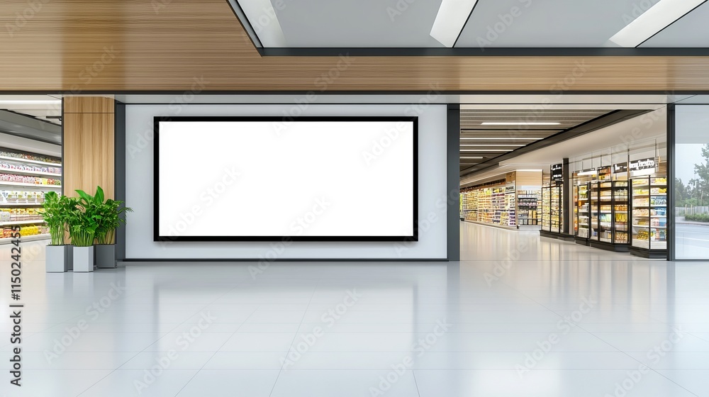 Poster mockup billboard displayed in front of a supermarket for text or custom content near a department st