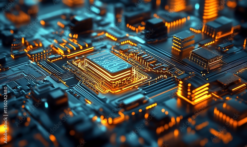 Leinwandbilder futuristic circuit board with glowing microchip technology elements : generative ai