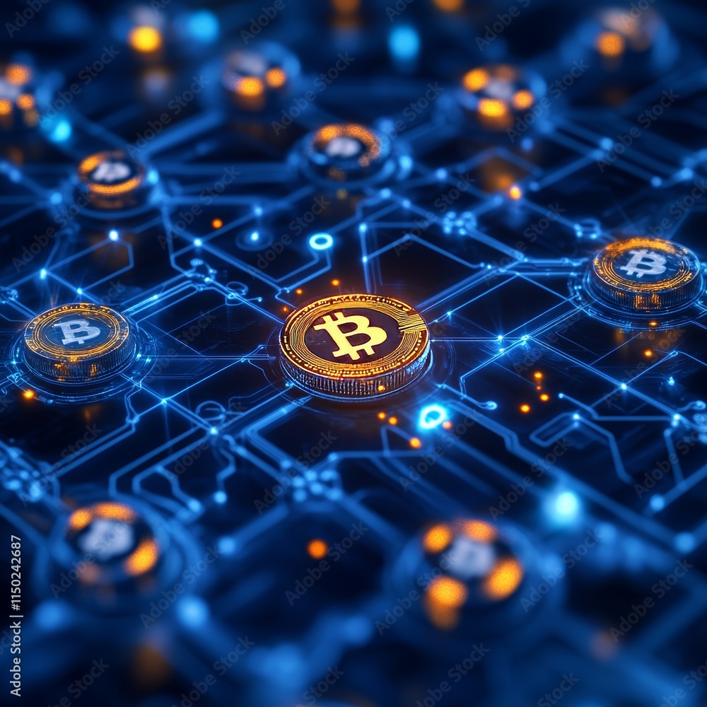 Poster digital representation of a blockchain network featuring bitcoin coins interconnected through glowin