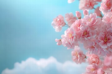 Beautiful Pink Cherry Blossom Branches Against Soft Blue Background