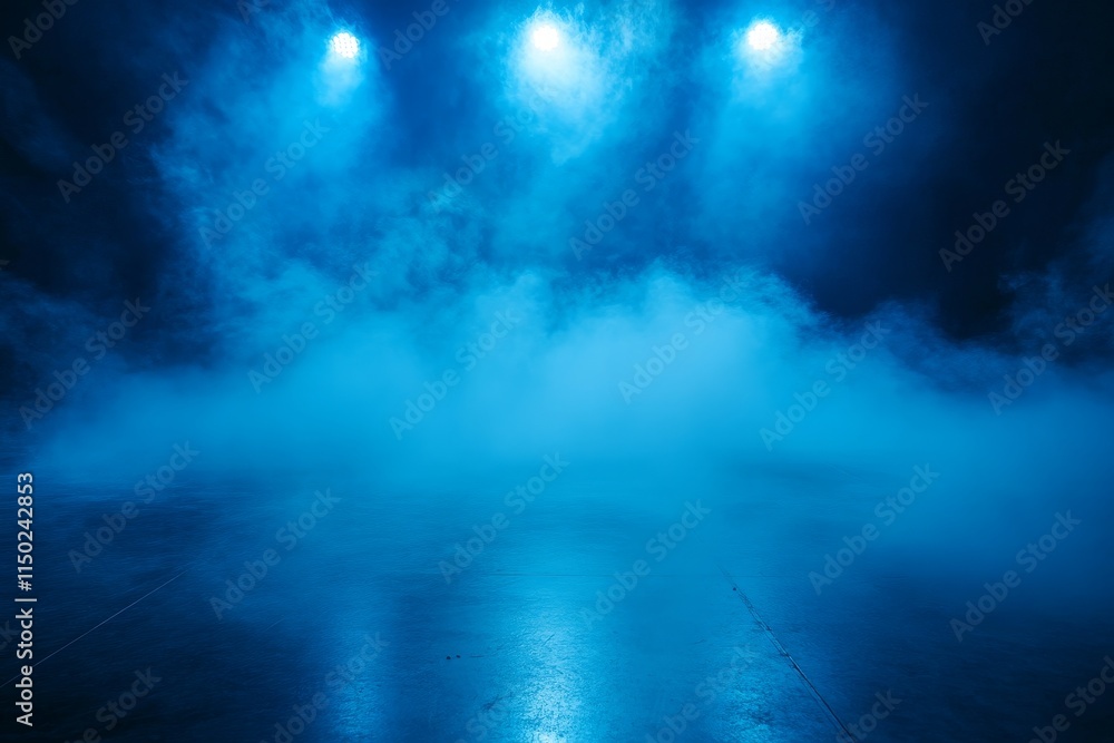 Poster mysterious blue haze fills a stage during a performance, creating an atmospheric backdrop for dancer
