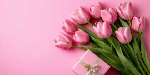 Fototapeta premium Pink Tulips Bouquet with Gift Box on Soft Pink Background