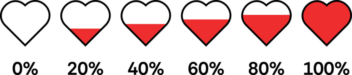 Love, Heart meter, rating. Collection of heart with loading progress. Vector illustration 