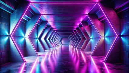 Abstract Neon Corridor with Hexagonal Architecture and Reflective Floor