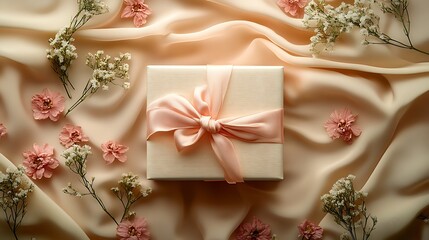 Elegant Gift Box Wrapped in Silk with Pink Ribbon Surrounded by Flowers and Light Fabric : Generative AI