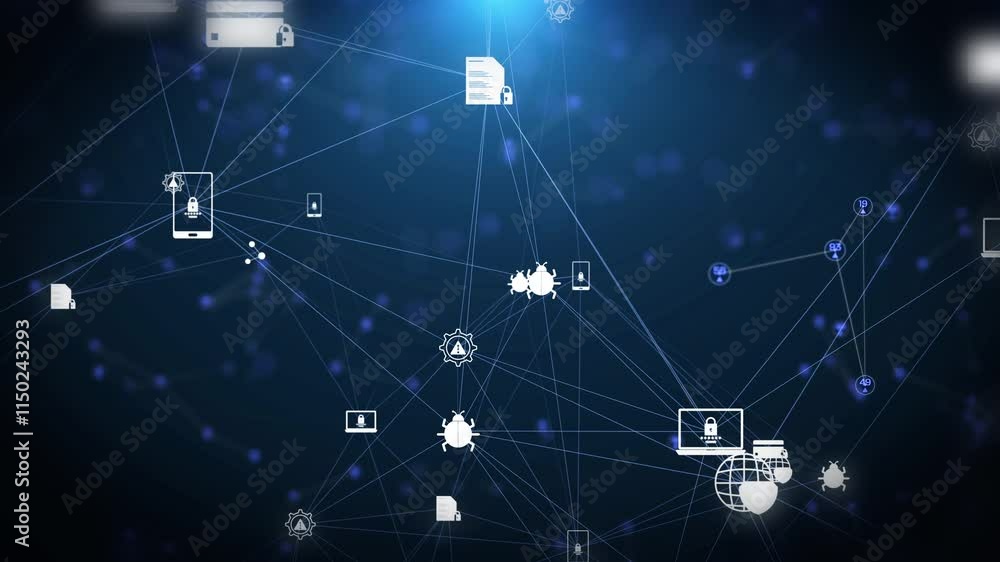 Fototapete Technology futuristic digital data cyber security icon with connection line. Blue abstract network protection 4K motion background.