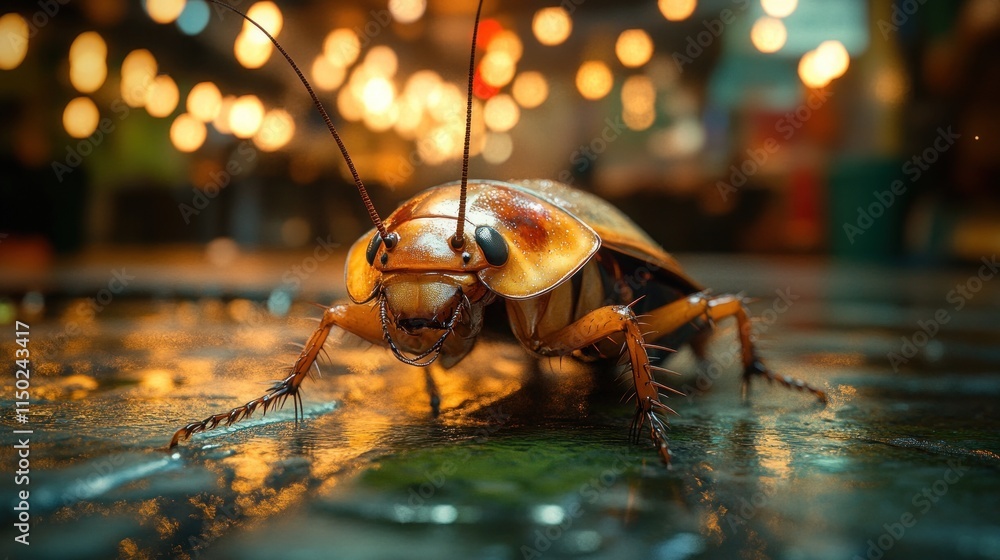 Poster close-up of a large cockroach on a dark surface at night with bokeh lights.
