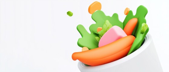 A colorful splash of vegetables in a white cup, showcasing a vibrant mix of greens, oranges, and pinks in a playful, artistic presentation.