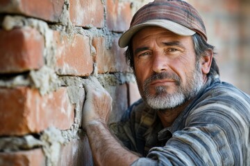 Obraz premium Candid Portrait of Man Taking Break Beside Brick Wall