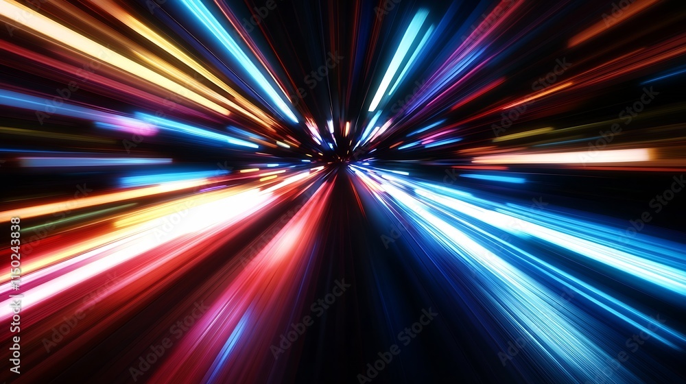 Poster vibrant abstract neon light trails radiating in all directions : generative ai