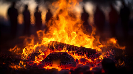 Macro shot of campfire flames with silhouettes of friends copy space below. concept as A close up image of campfire flames with blurred silhouettes of friends in the background symbolizing warmth and 