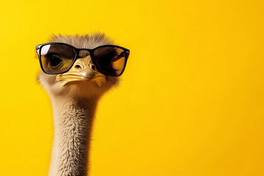 ostrich in sunglasses on yellow background with copy space
