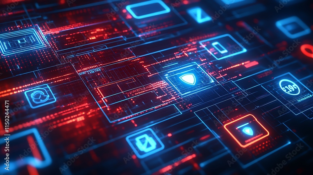 Aufkleber Blue and Red Cyber Security Interface with Digital Icons and Network Connections : Generative AI