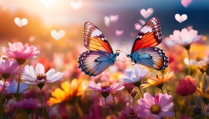 Naklejka premium Two Butterflies Kissing in a Vibrant Flower Field at Sunset