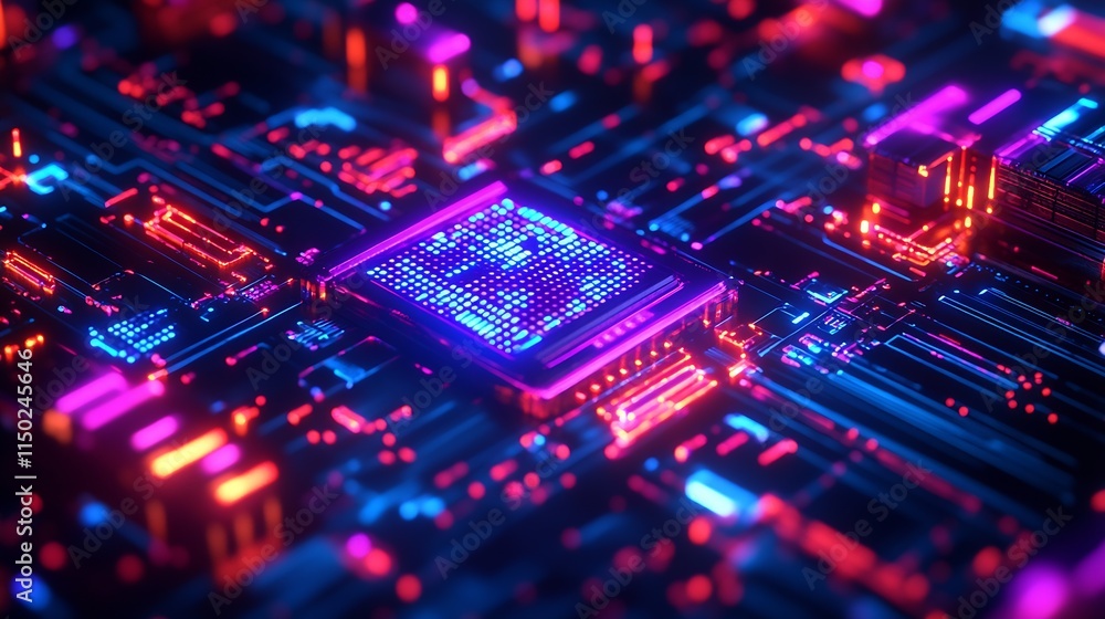 Leinwandbilder futuristic neon circuit board with glowing microchip in a cybernetic environment : generative ai