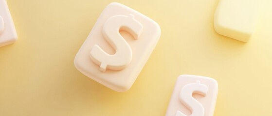 A close-up of cream-colored soap bars shaped like dollar signs, set against a soft yellow background, evoking themes of wealth and cleanliness.