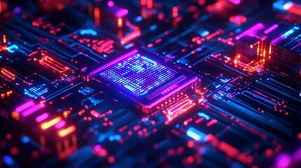 Obraz premium Futuristic Neon Circuit Board with Glowing Microchip in a Cybernetic Environment : Generative AI