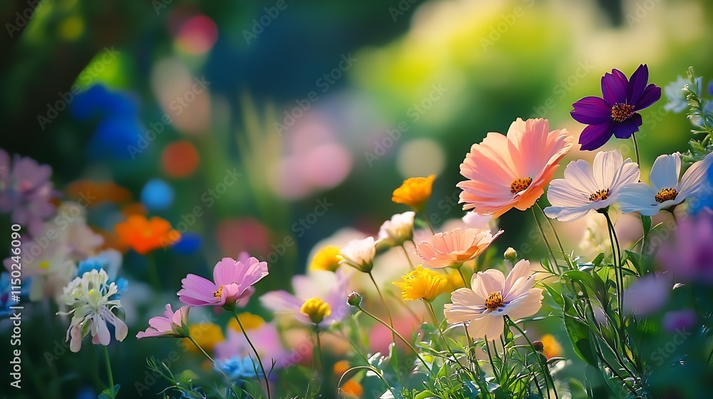 Poster vibrant wildflowers in a sunlit garden creating a colorful nature scene with soft focus : generative