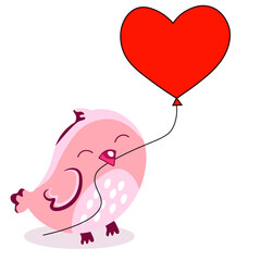 pink bird with a heart-shaped ball on a rope